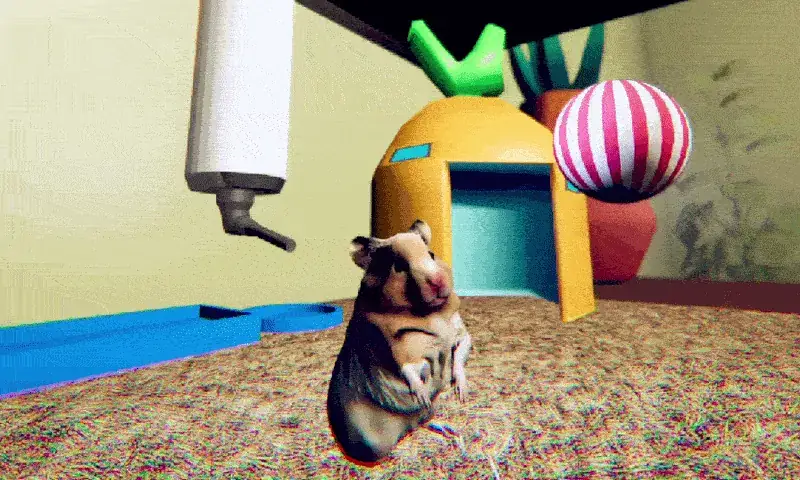 Game capture of the hamster beside its water bottle and colorful shelter