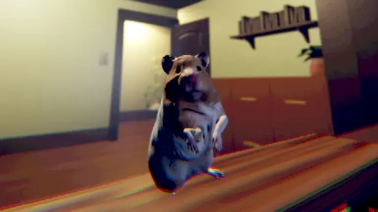 Hamster standing on a narrow wooden ledge with an open doorway in the background