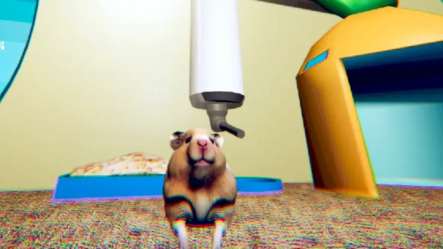 Front view of the hamster beneath its water bottle inside the colorful cage