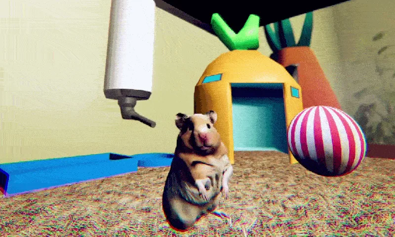 Creator GIF frame showing hamster and striped ball in the cage