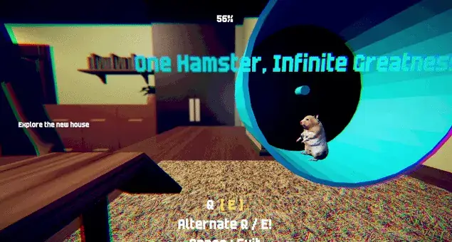 Gameplay view of the hamster on a large exercise wheel with the room beyond